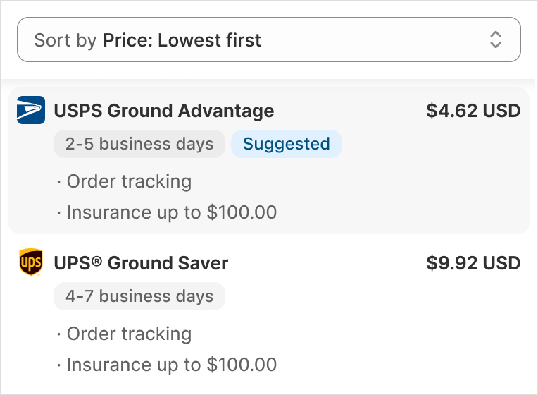 Example of sorting shipping carrier options by price, lowest first with each carrier showing price and delivery estimate by days