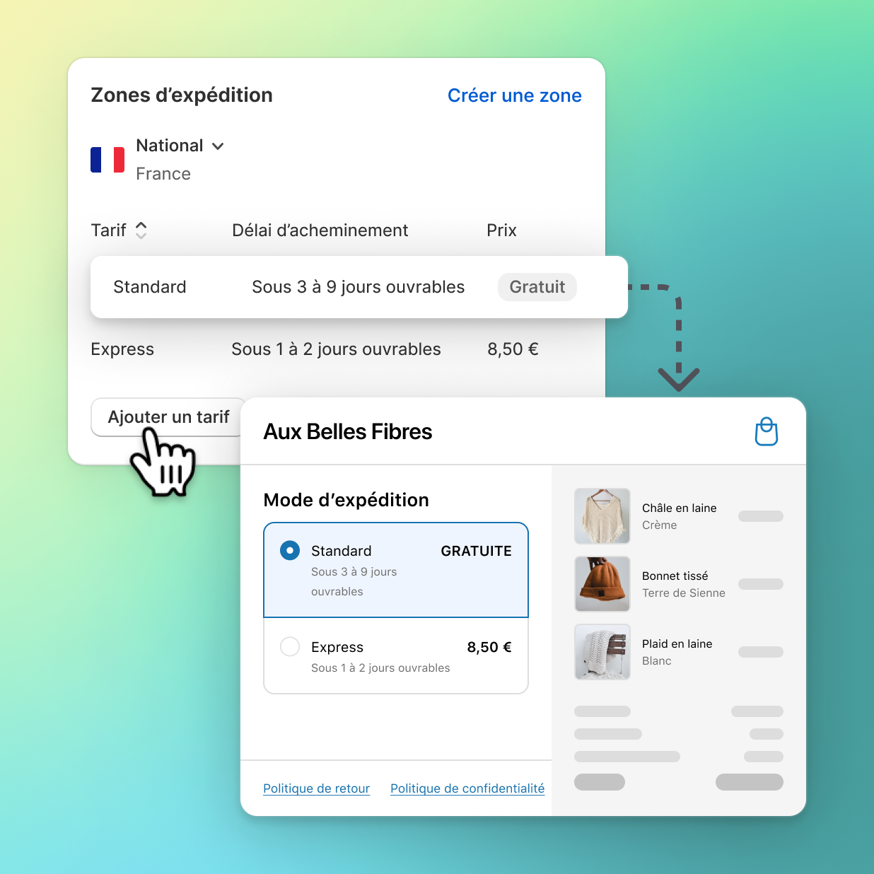 Montage photo de la page de Shopify Shipping avec des zones d’expédition pour ajouter des tarifs et un exemple d’options d’expédition lors du paiement