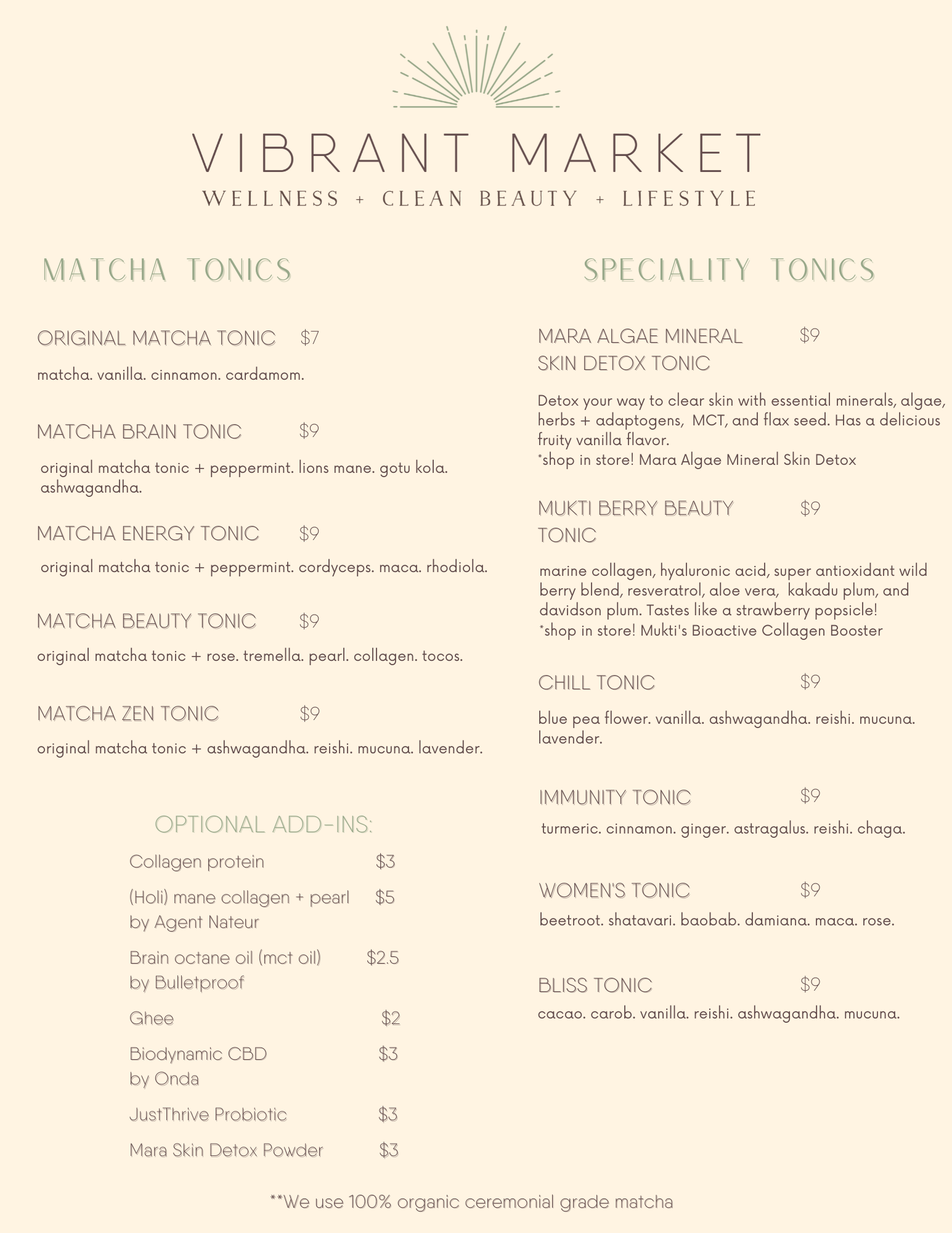 Matcha Tonic Bar Menu Vibrant Market Clean Beauty Wellness Shop In New Orleans