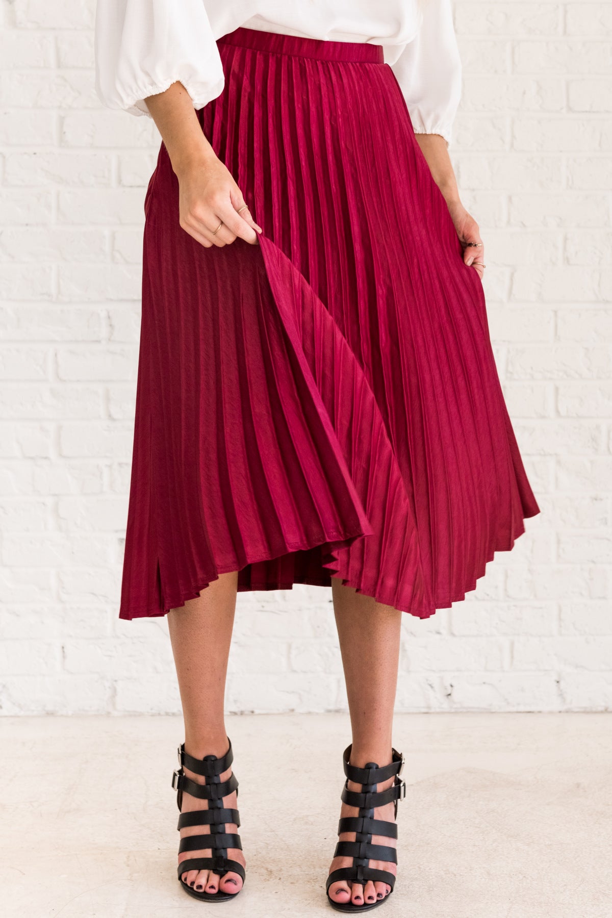 Hopeful Romantic Red Pleated Midi Skirt Cute Red Skirts