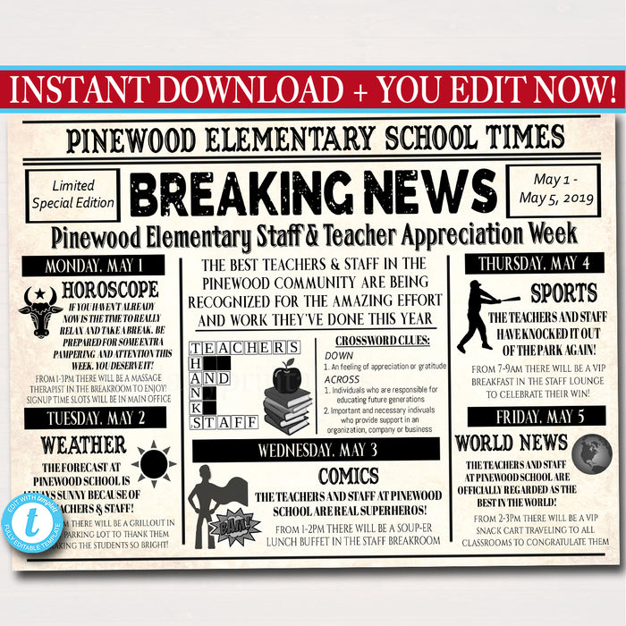 Newspaper Theme Teacher Appreciation Week Events Printable Tidylady Printables
