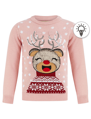 Girl S Joy Vixen Led Light Up Novelty Christmas Jumper In Pink Almond Tokyo Laundry