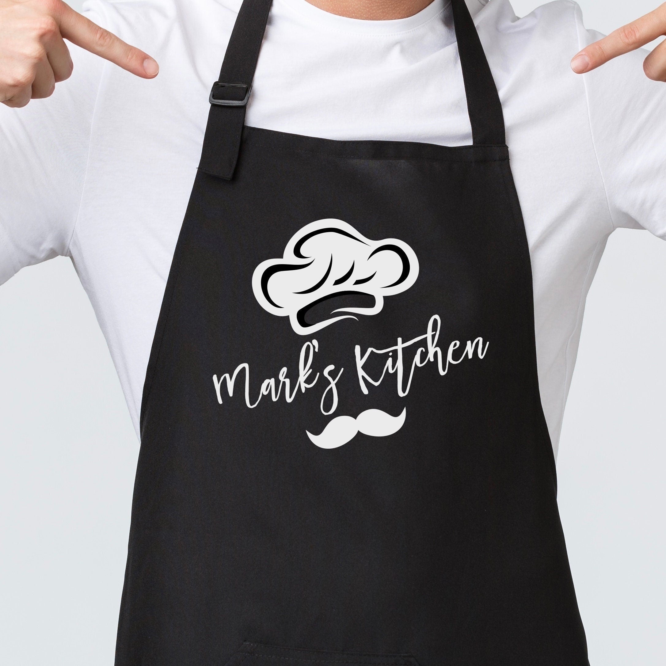 Personalised Kitchen Apron For Men With Name Chef Hat Moustache Gift Pomchick