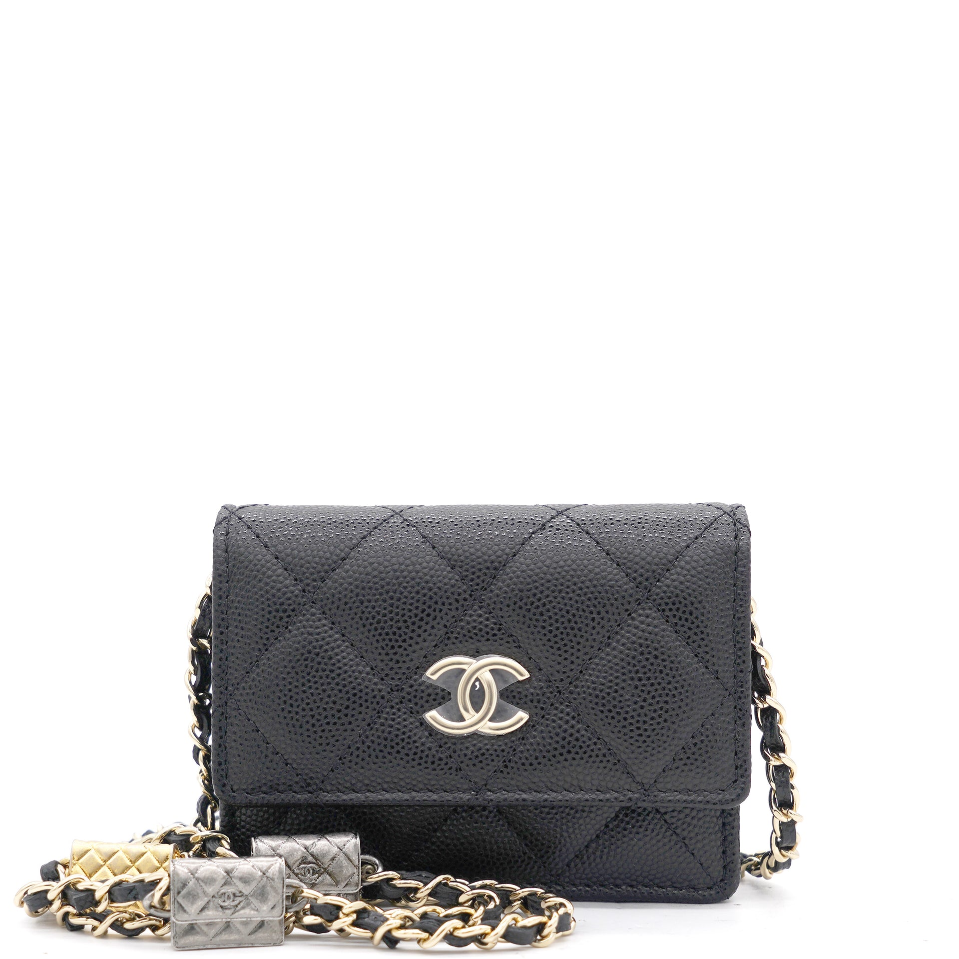 Chanel Black Quilted Caviar Leather Flap Card Holder With Charm Chain Stylishtop