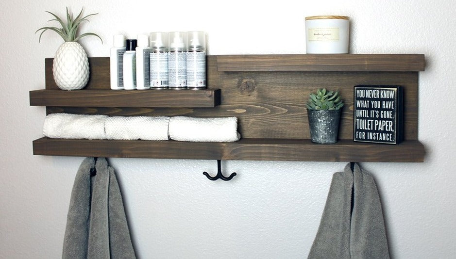 28 Bathroom Shelf Organizer With Towel Hooks Modern Farmhouse Decor Kbndecor