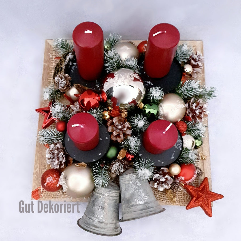 Adventskranz Weihnachtskranz Winterdeko Tischdeko Wintergesteck Rot Grun