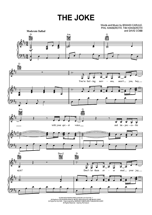 The Joke Quot Sheet Music By Brandi Carlile For Piano Vocal Chords Sheet Music Now
