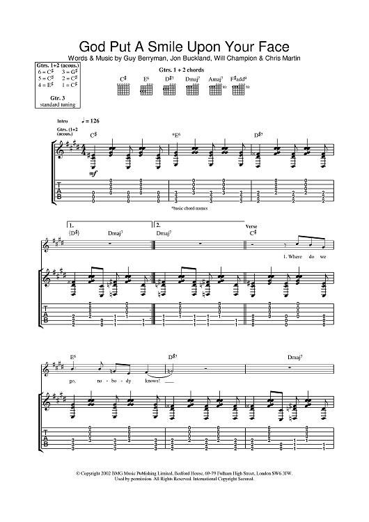 God Put A Smile Upon Your Face Quot Sheet Music By Coldplay For Guitar Tab Sheet Music Now