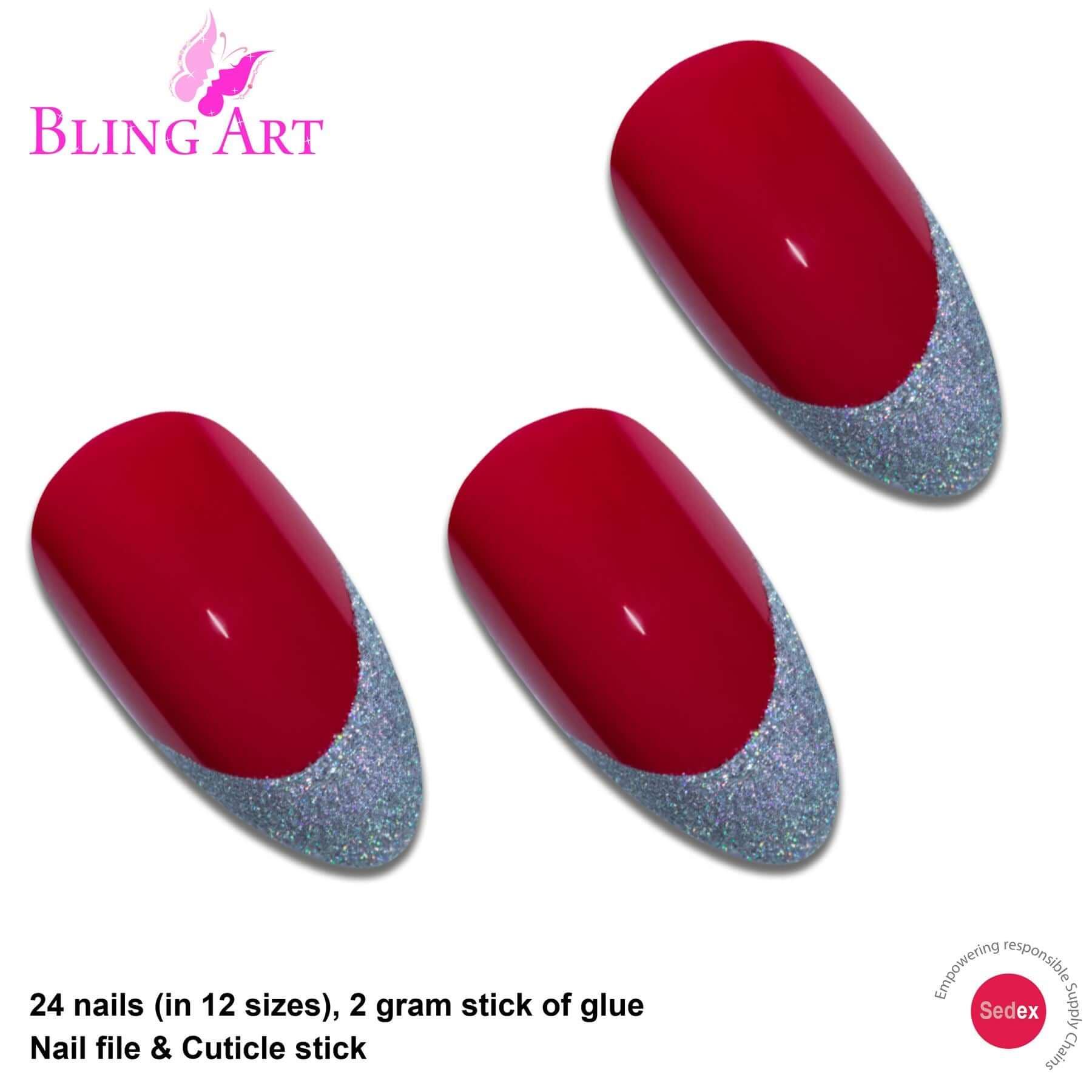 False Nails Bling Art Red Silver Almond Stiletto Long Fake Acrylic Tips And Glue At 3 99 Gbp Only From Bling Art