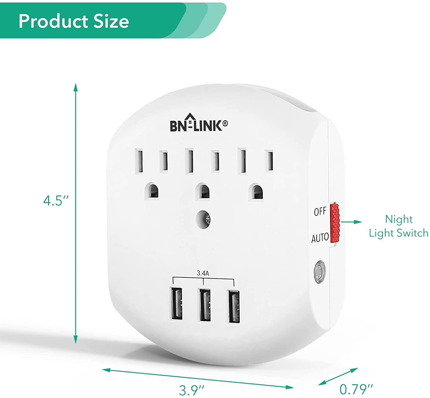 Bn Link Multi Plug Outlet Usb Wall Charger Surge Protector With 3 Outlets 3 Usb Charging Ports Total 3 4a And Auto Sensor Led Night Light Wall Plug Adapter For Traveling Home School Office