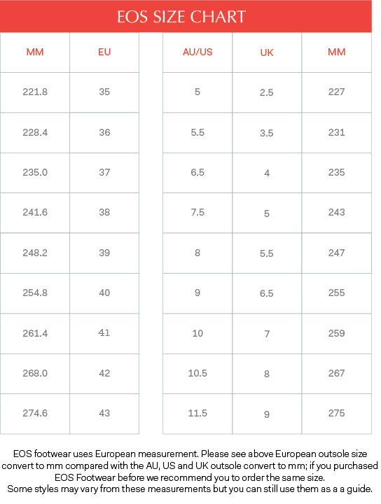 Shoes Size Chart European Australian Uk International Guide Eos Footwear