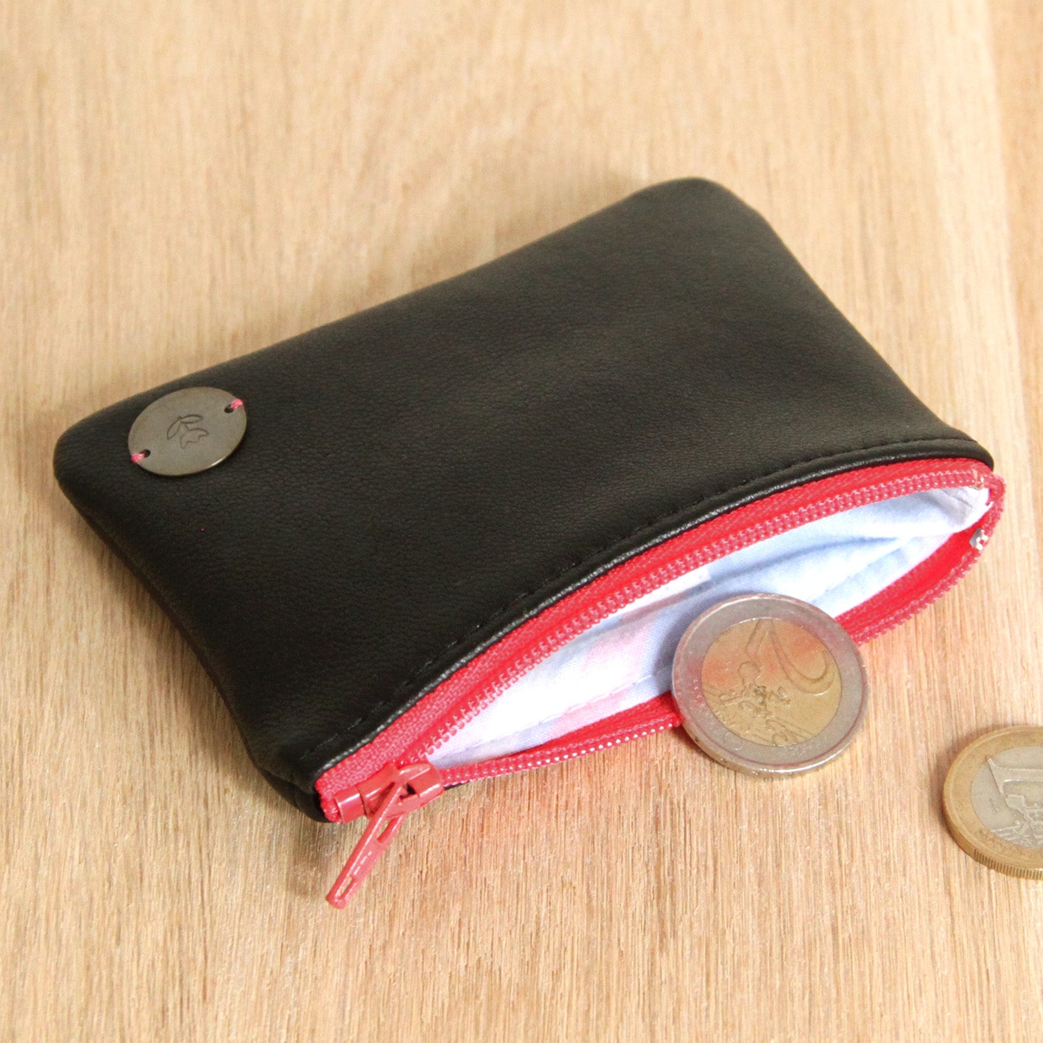 Porte Monnaie Femme Cuir Recycle Noir Zip Rose Pasteque Hello Petronille