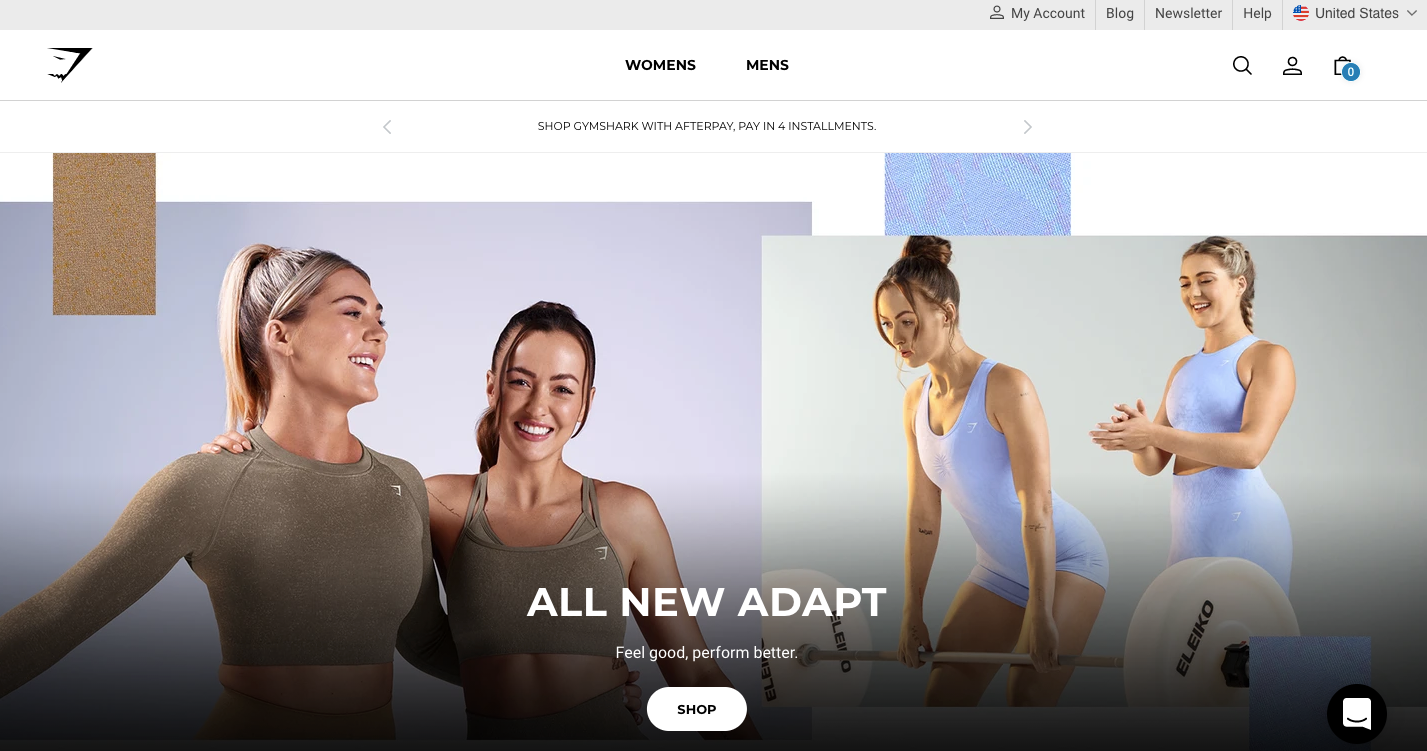 A homepage example from Gymshark, a famous direct-to-consumer brand