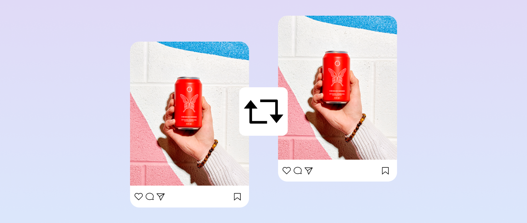 Two side by side Instagram posts showing a hand holding a beverage can with the repost symbol in front of them.