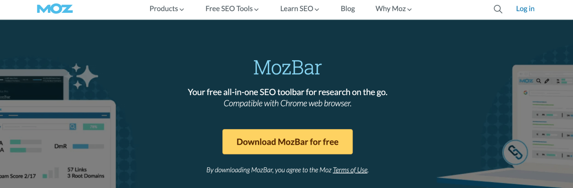 The homepage of MozBar’s SEO toolbar with a navy header and yellow button