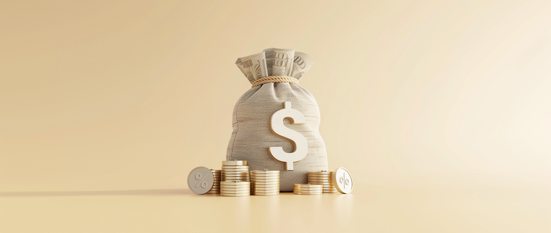 A bag with a US dollar sign surrounded by stacks of gold coins on a tan background.