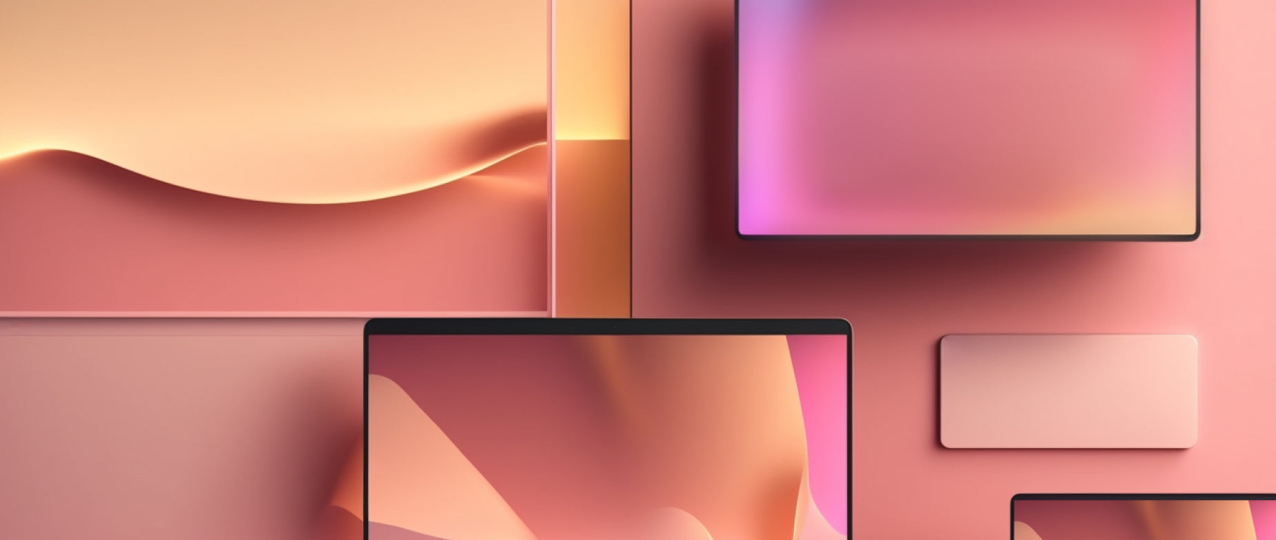 Desktop, laptop, tablet, and phone screens display a continuous abstract pattern.