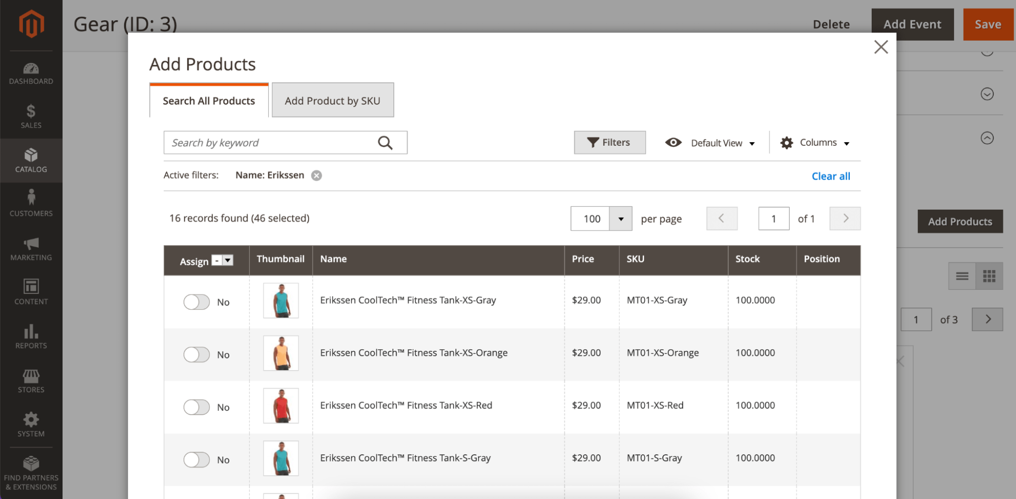 An inventory management feature of adobe commerce being used to sort t-shirt products.