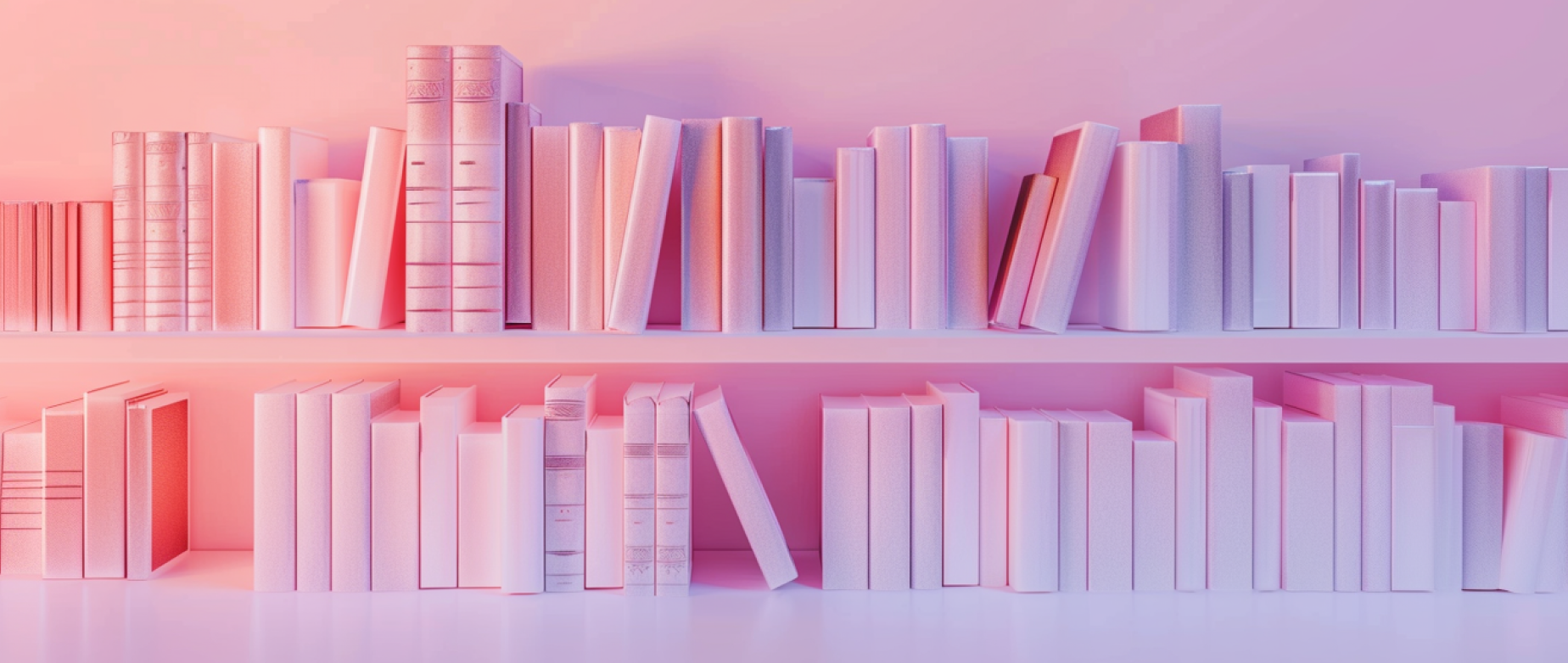 Two long bookshelves filled with print on demand books with blank covers.