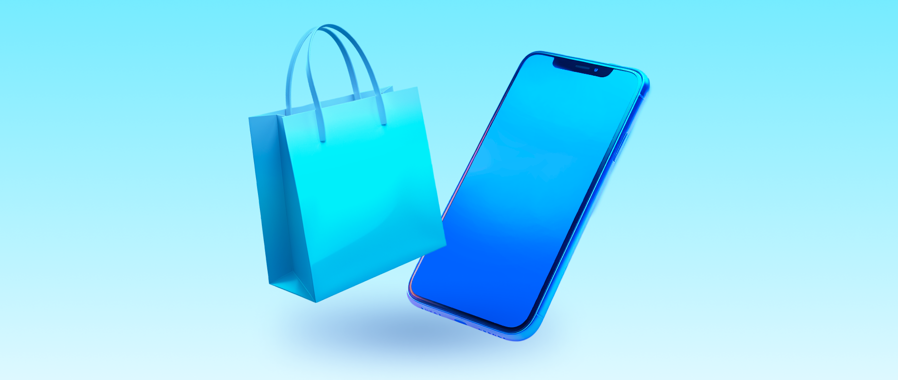A blue shopping bag next to a blue phone on a light blue background.
