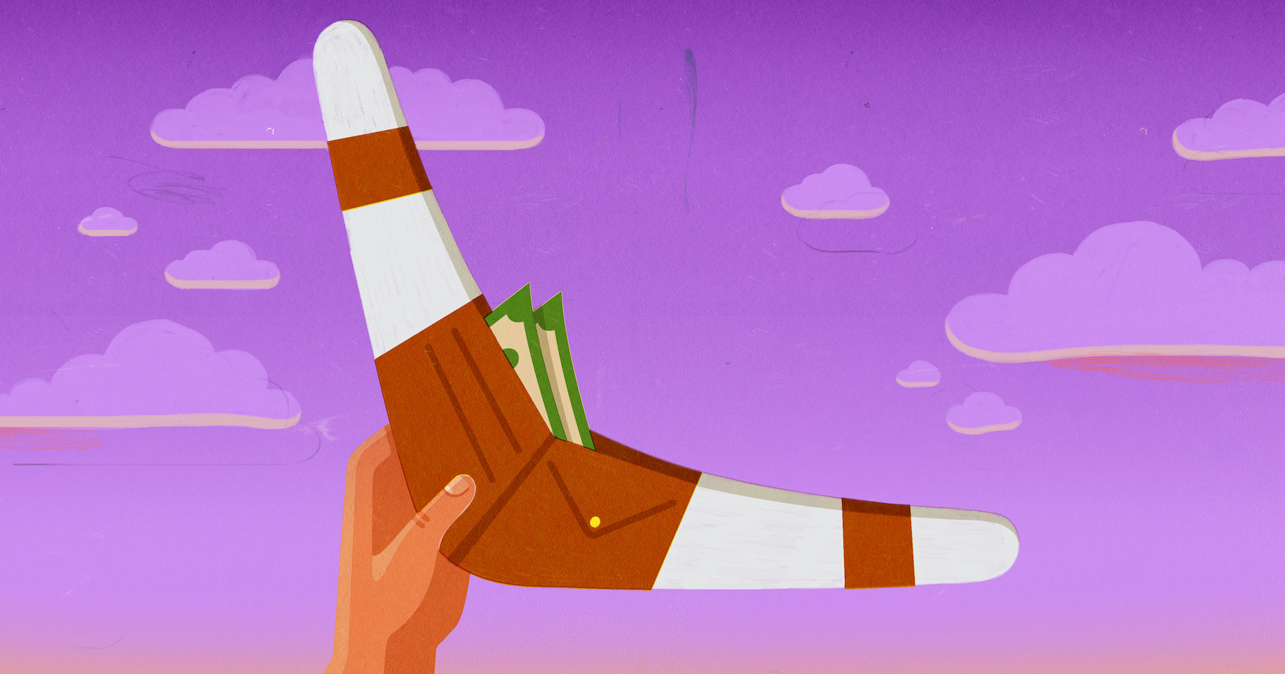 Illustration of a hand holding a boomerang with the middle turned into a wallet with money.