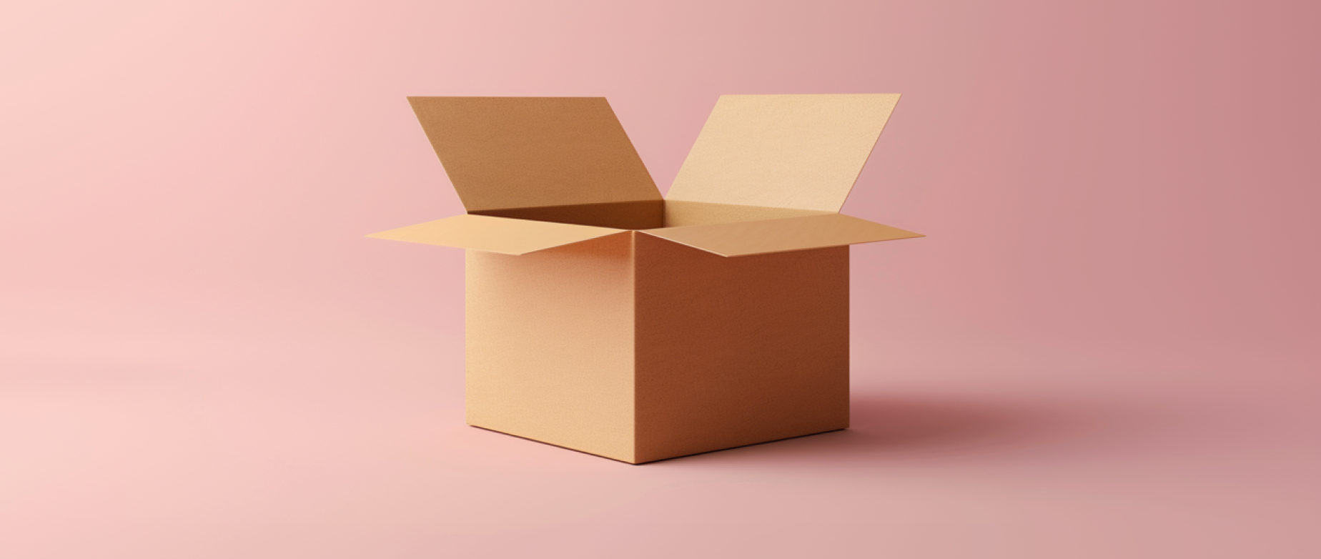 An open cardboard box on a pink background.