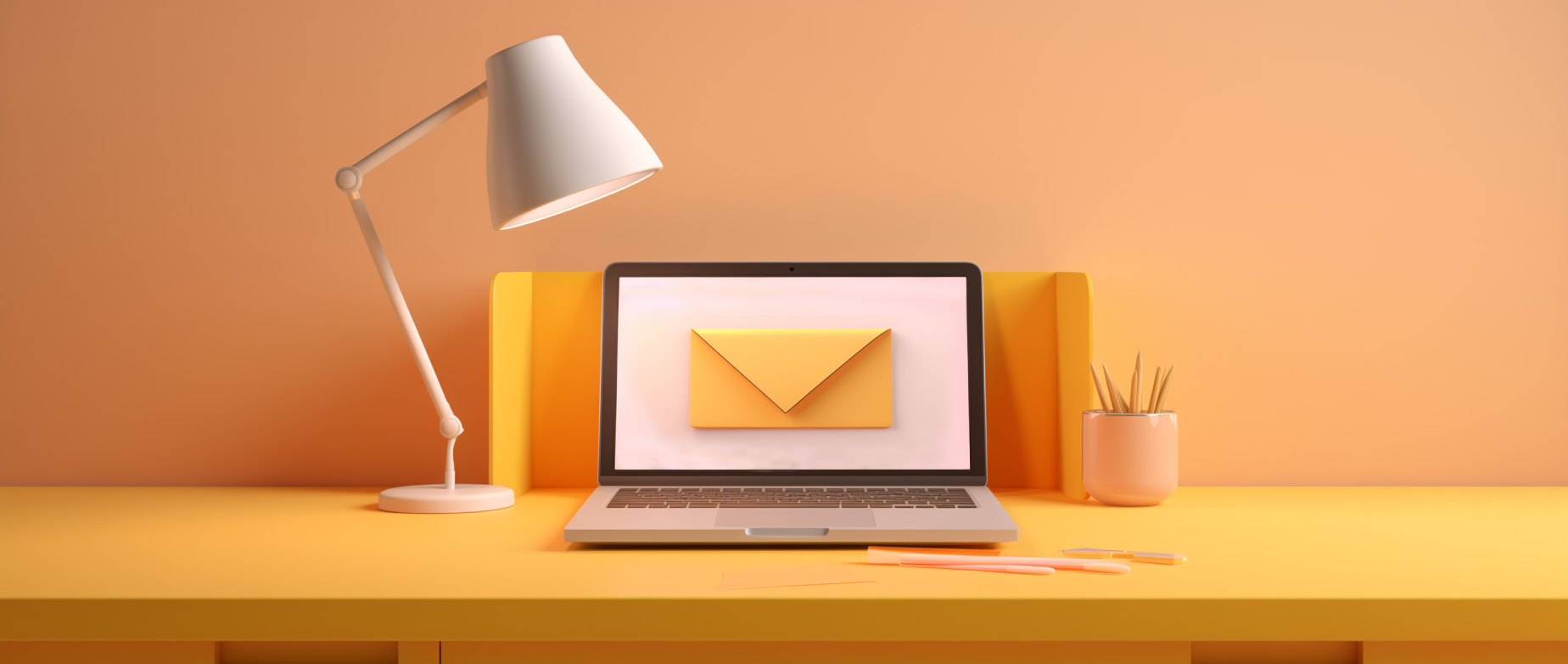 An orange office with a lamp and a laptop with an orange envelope on the screen: how to write a follow up email.