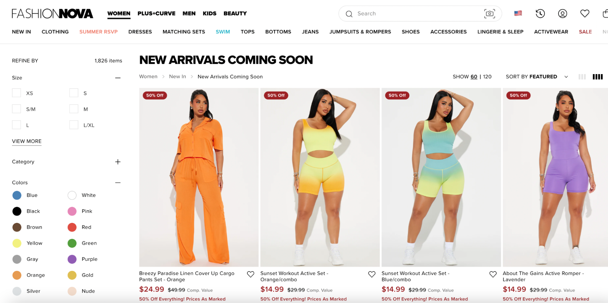 Fashion Nova’s new arrivals product collection page featuring colorful two-piece outfits