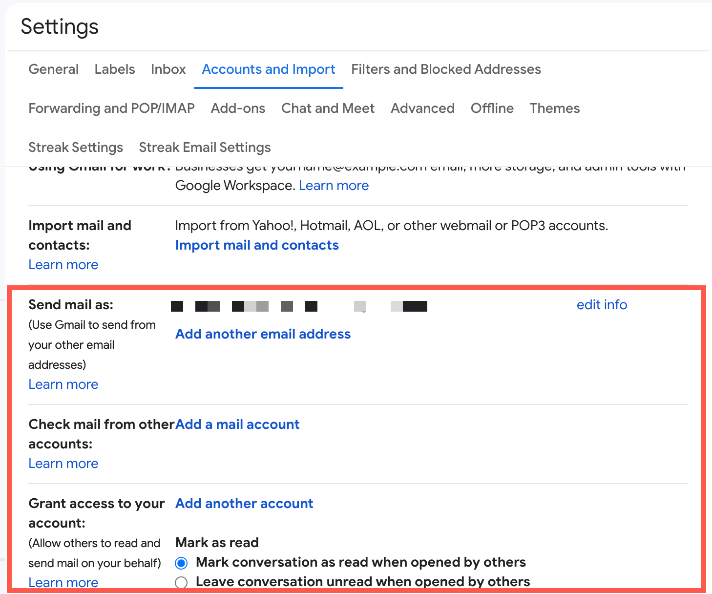 A screenshot of Gmail’s Accounts and Import settings, where you can allow other users to check and send emails on your behalf.