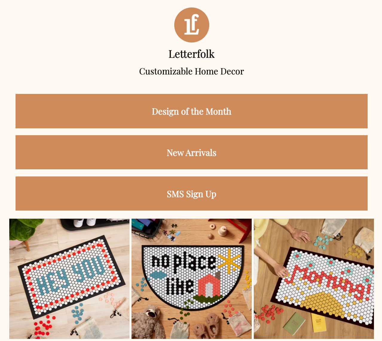 Letterfolk’s clickable link in bio options alongside three colorful welcome mats.