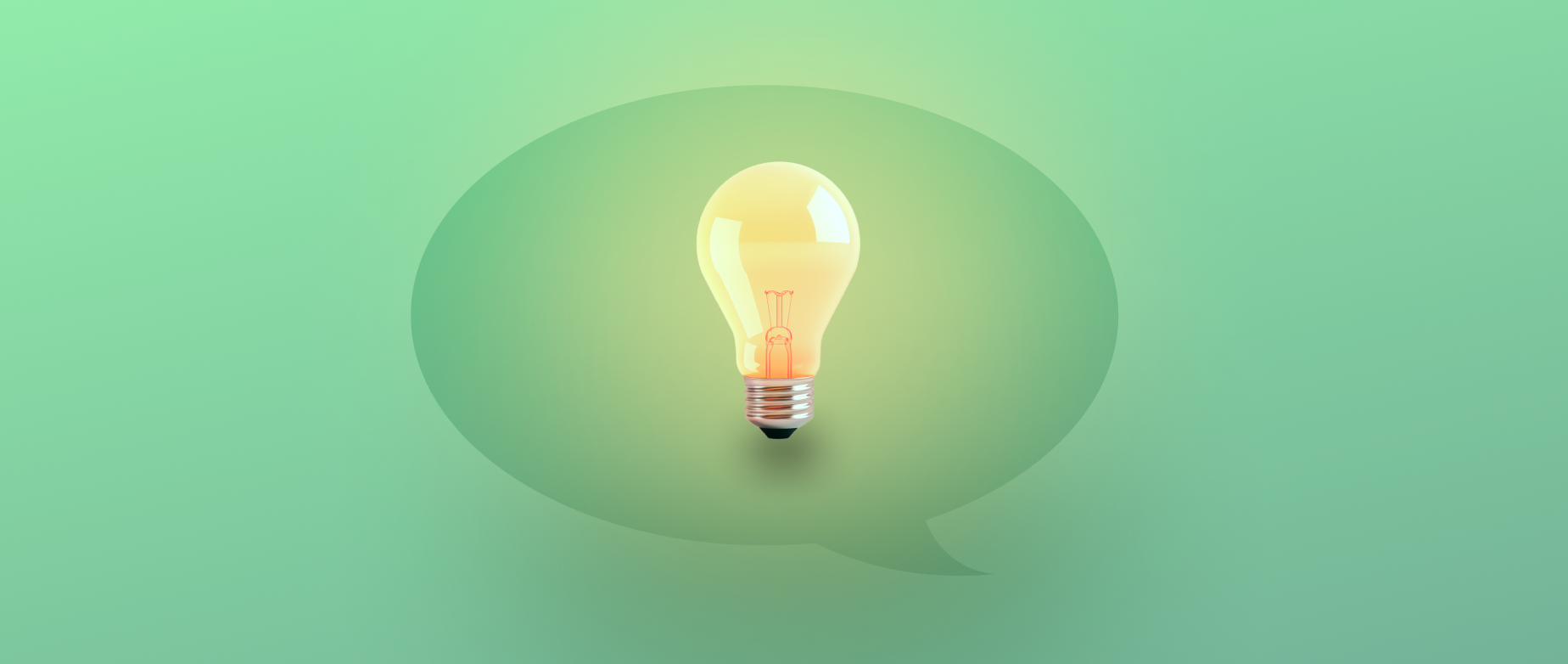 A comment bubble with a lit lightbulb inside on a green background.