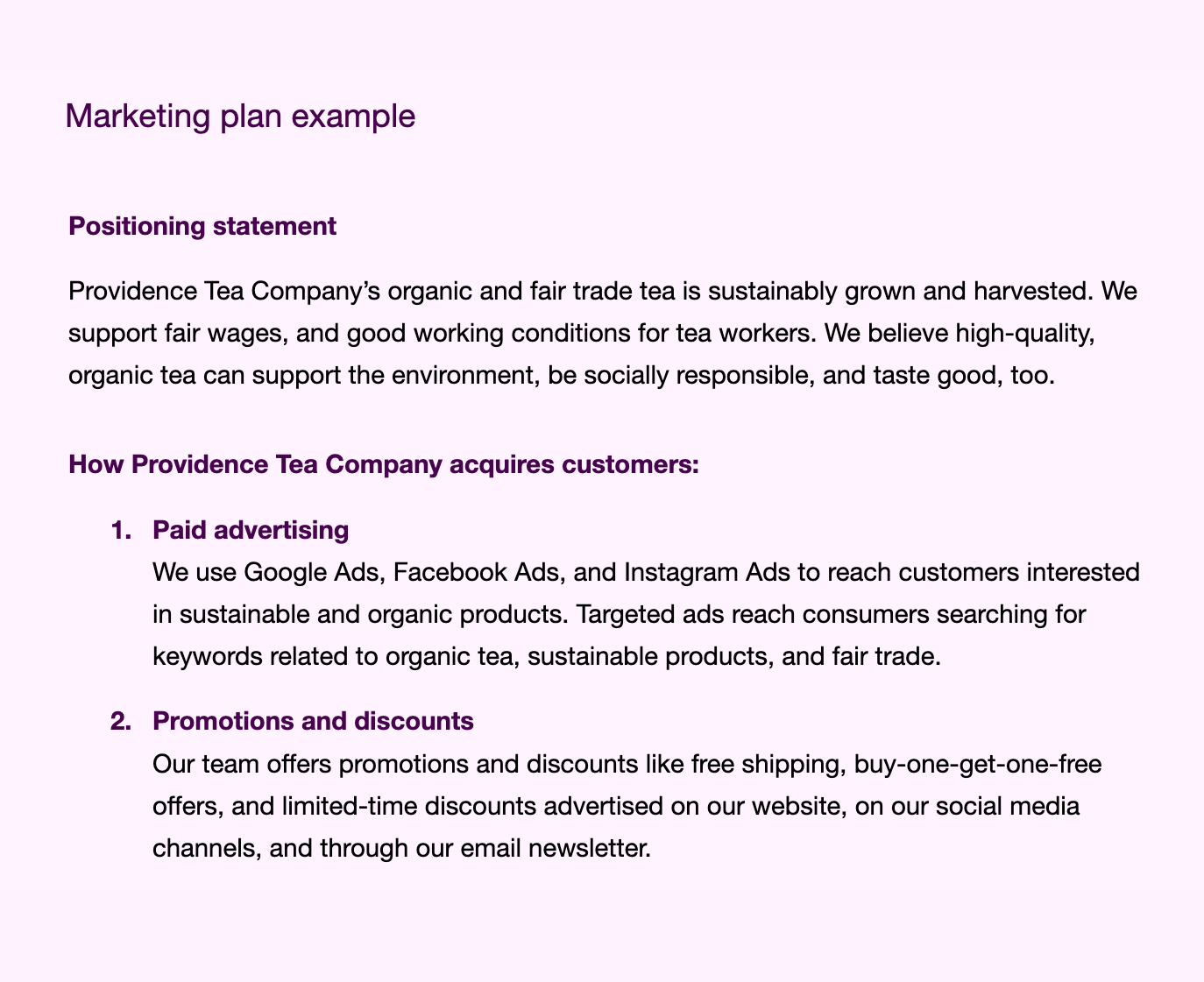 Marketing plan example showing positioning statement and customer acquisition strategies