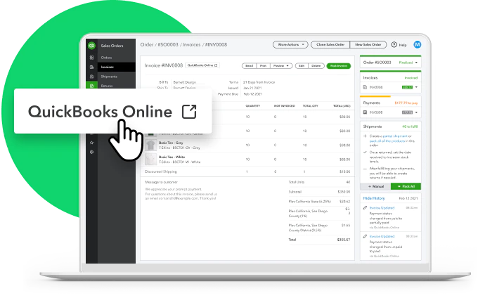 Quickbooks accounting software online dashboard with order numbers