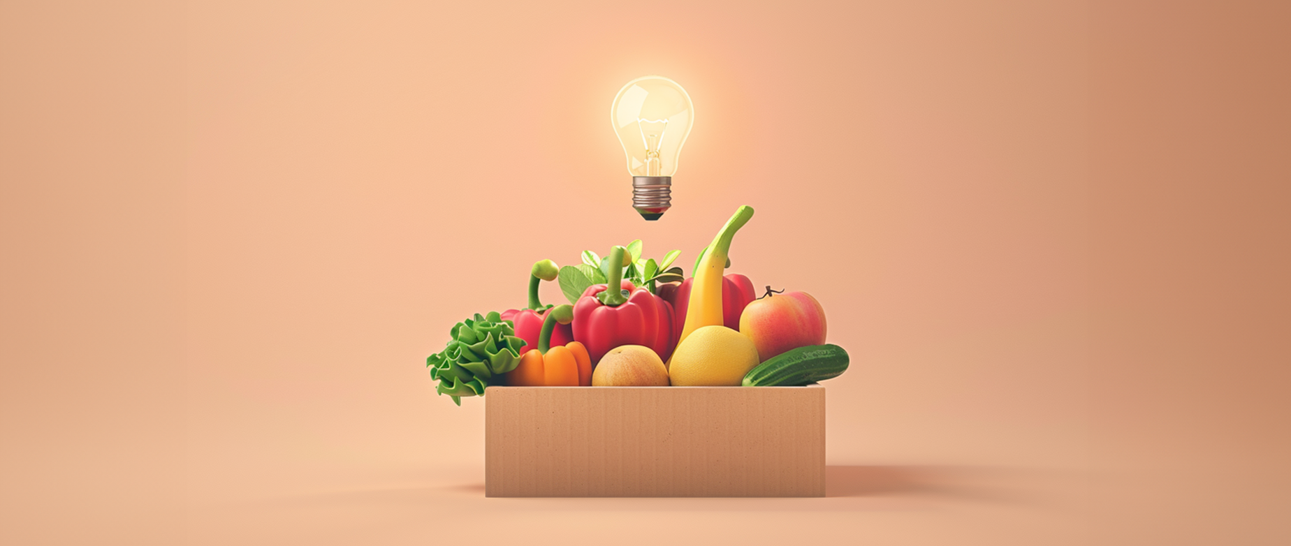 An illuminated lightbulb above a box full of produce.