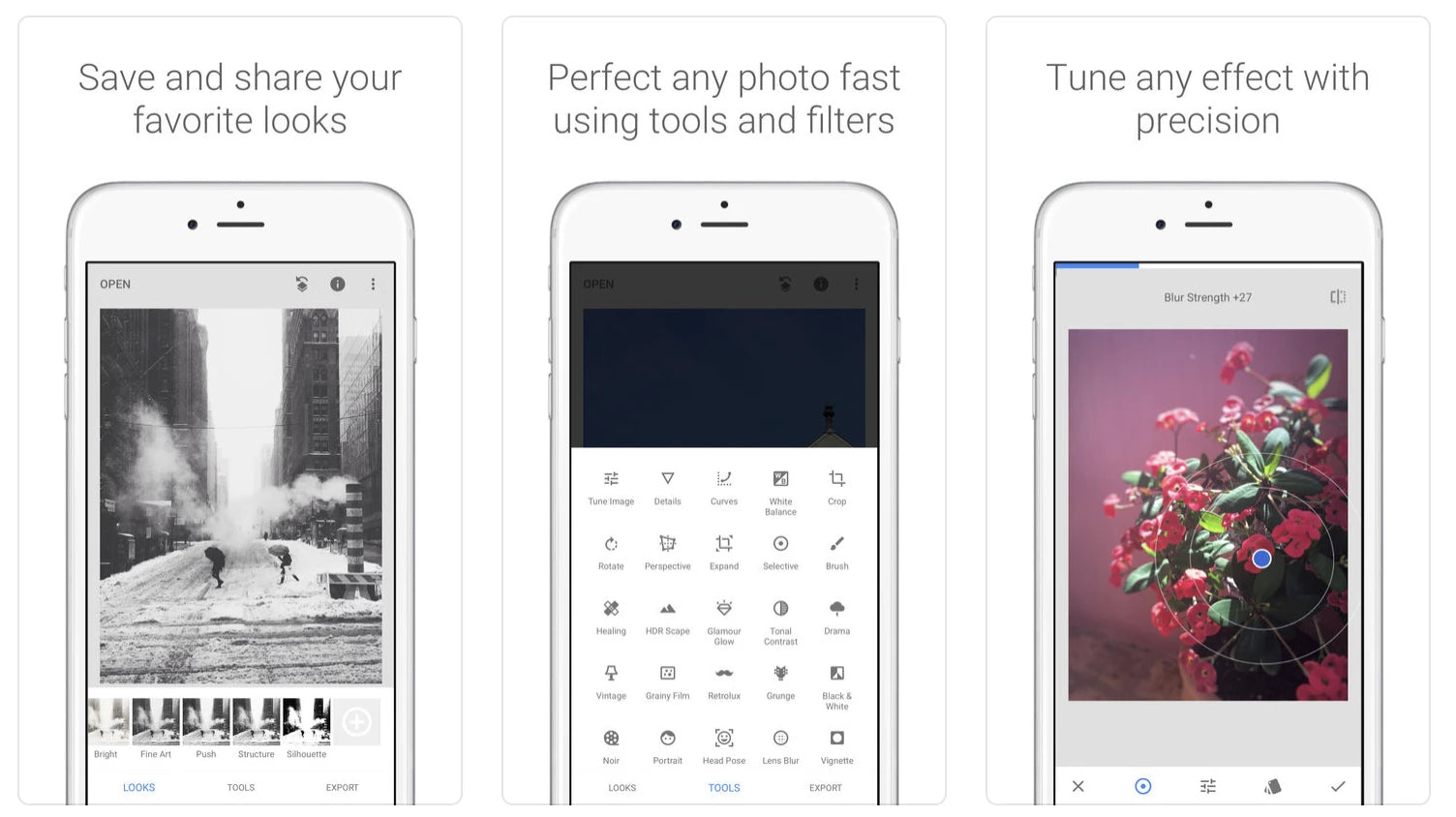 Three screenshots of the Snapseed app showing the different editing options on side-by-side iPhones.