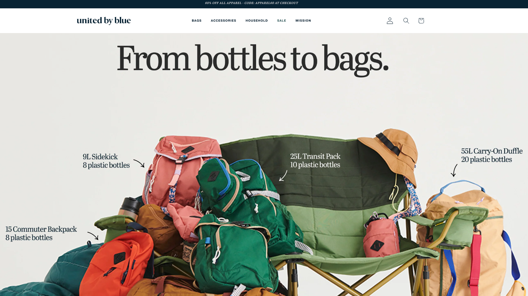 United By Blue homepage showing bags with how many recycled bottles are used to make them