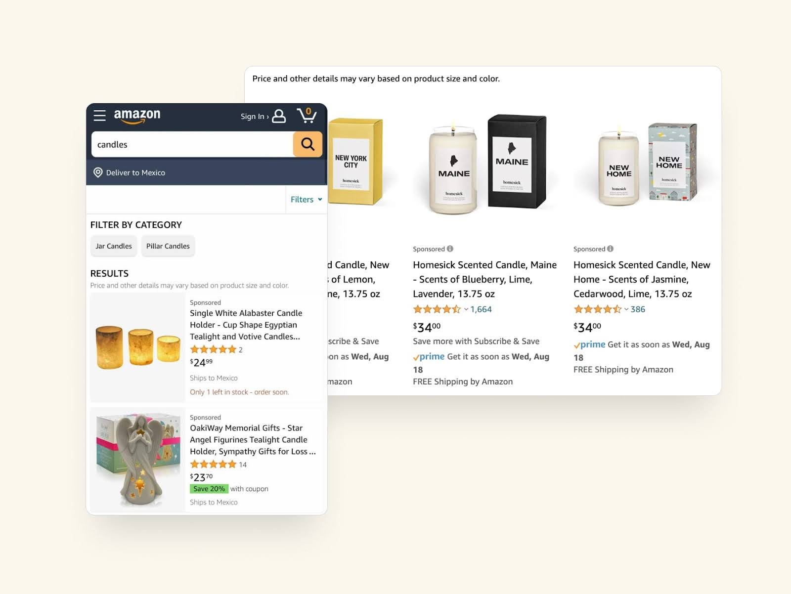 Screenshots of sponsored product ads on Amazon for Homesick Scented Candles within a search for candles.