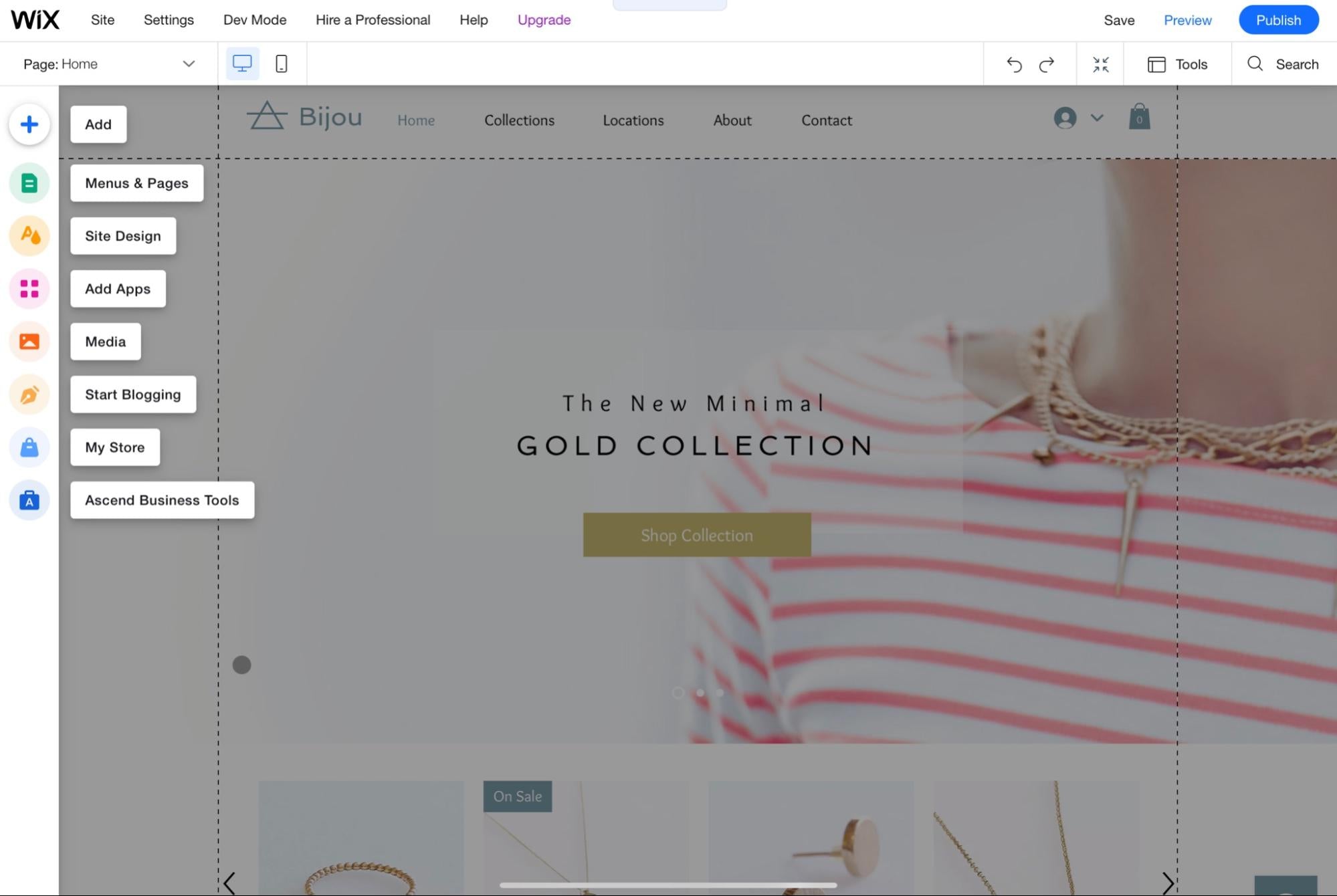 The Wix website editor being used to design the homepage of a jewelry website