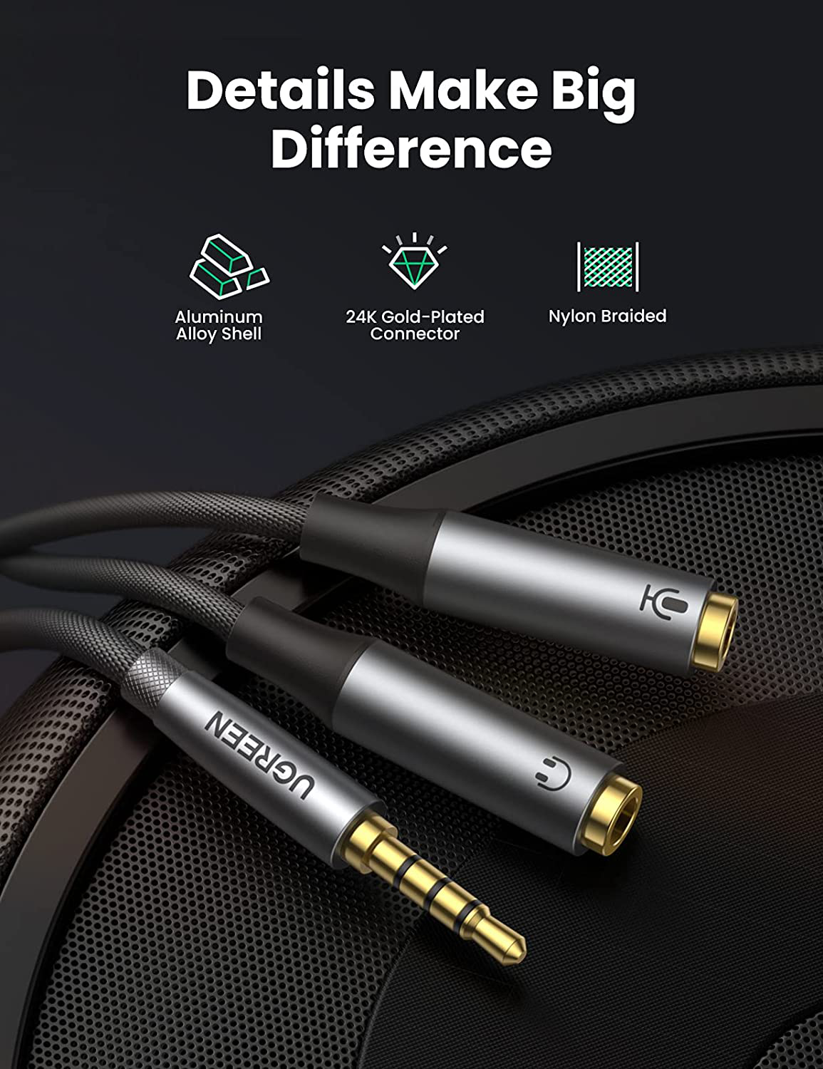 Ugreen Headset Splitter Audio Mic Y Adapter Braided 3 5mm Trrs Male To Reliable Store