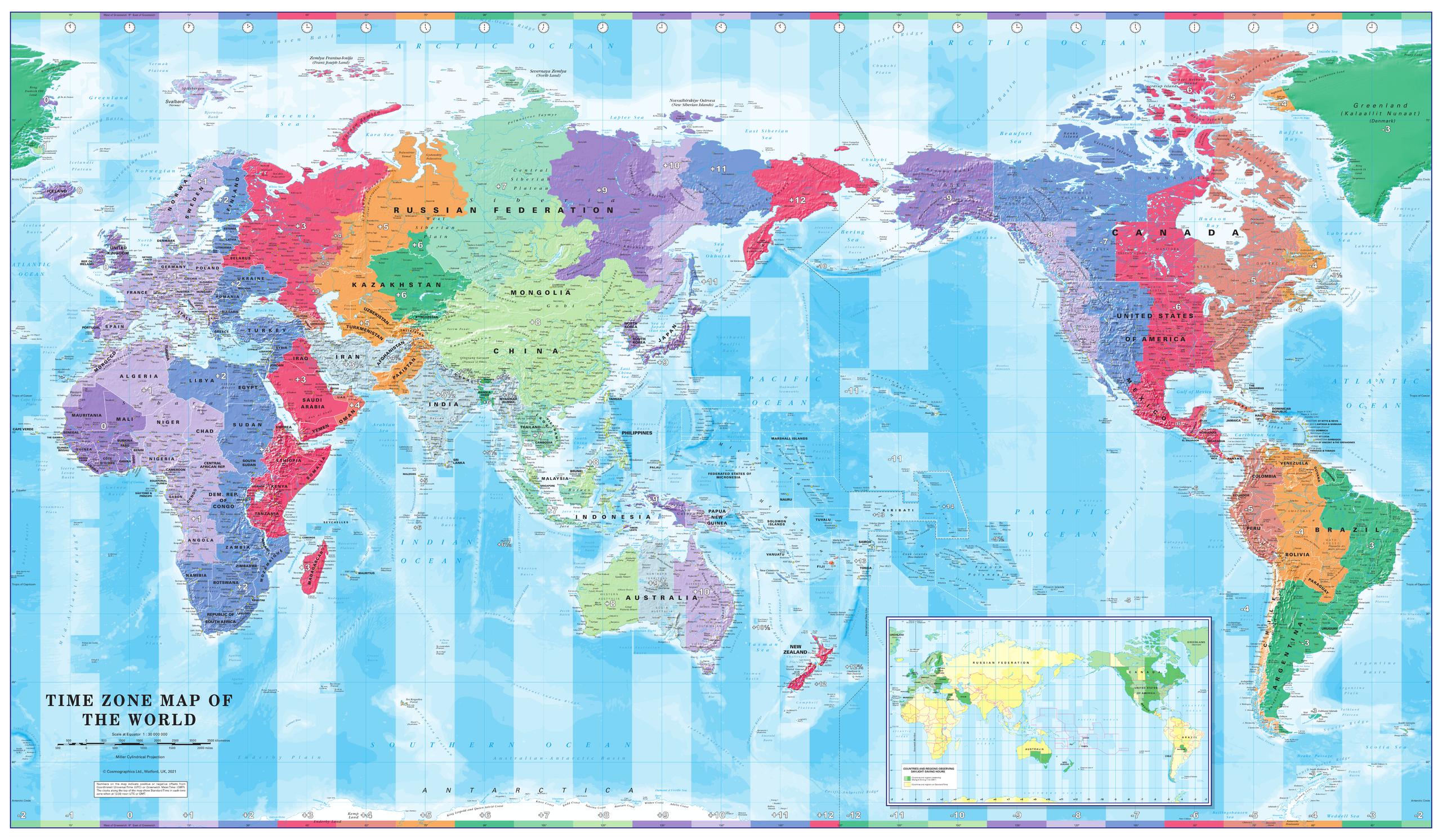 Pacific Centred Large World Time Zone Wall Map 1356 X 787mm