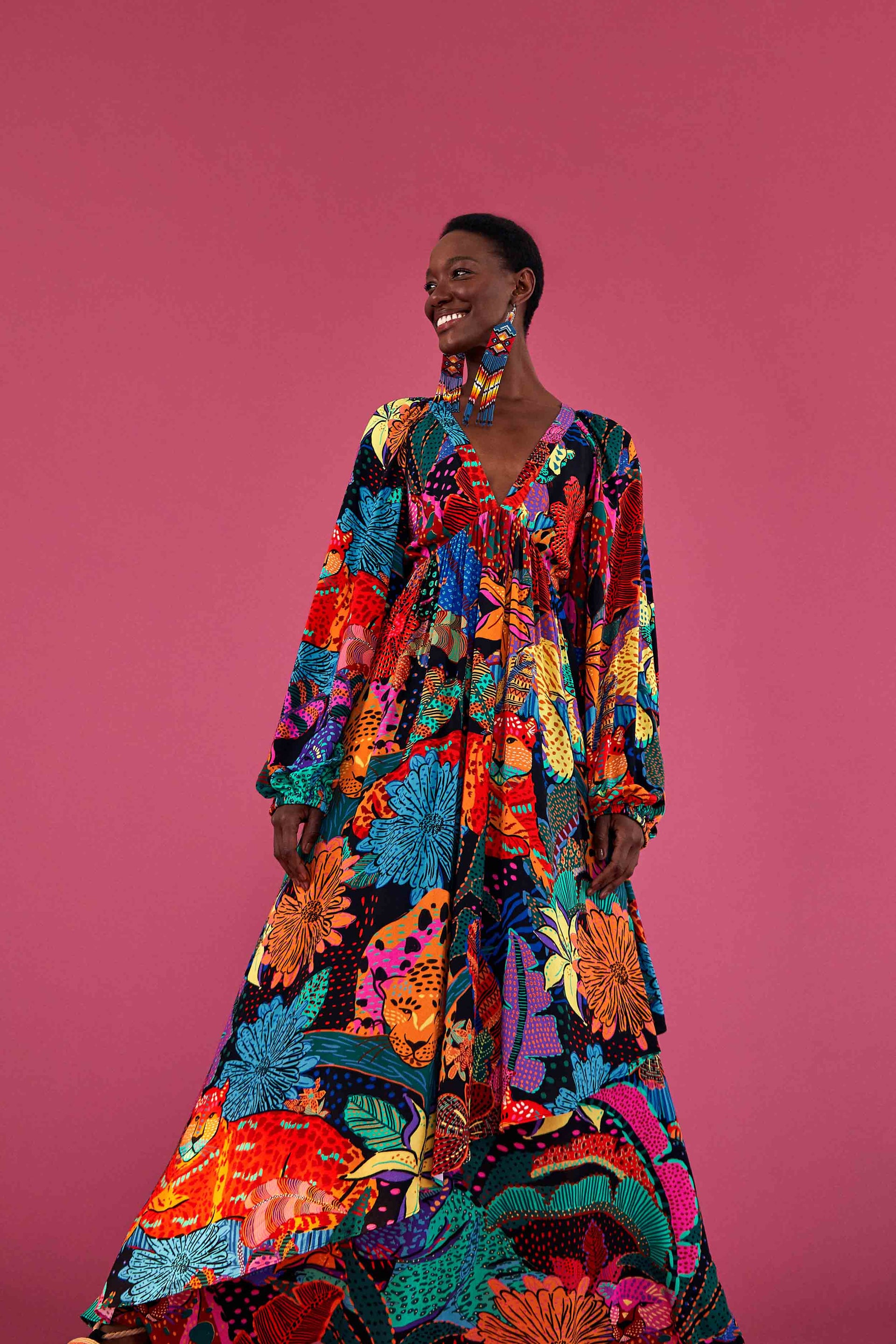 Black V Neck Dress Cool Leopards Print Maxi Length Farm Rio