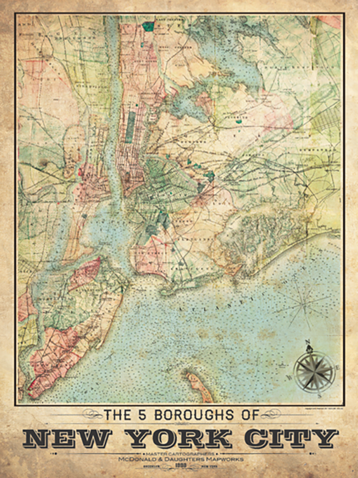 5 Borough New York City Vintage Remixed Map Lost Dog Art Frame
