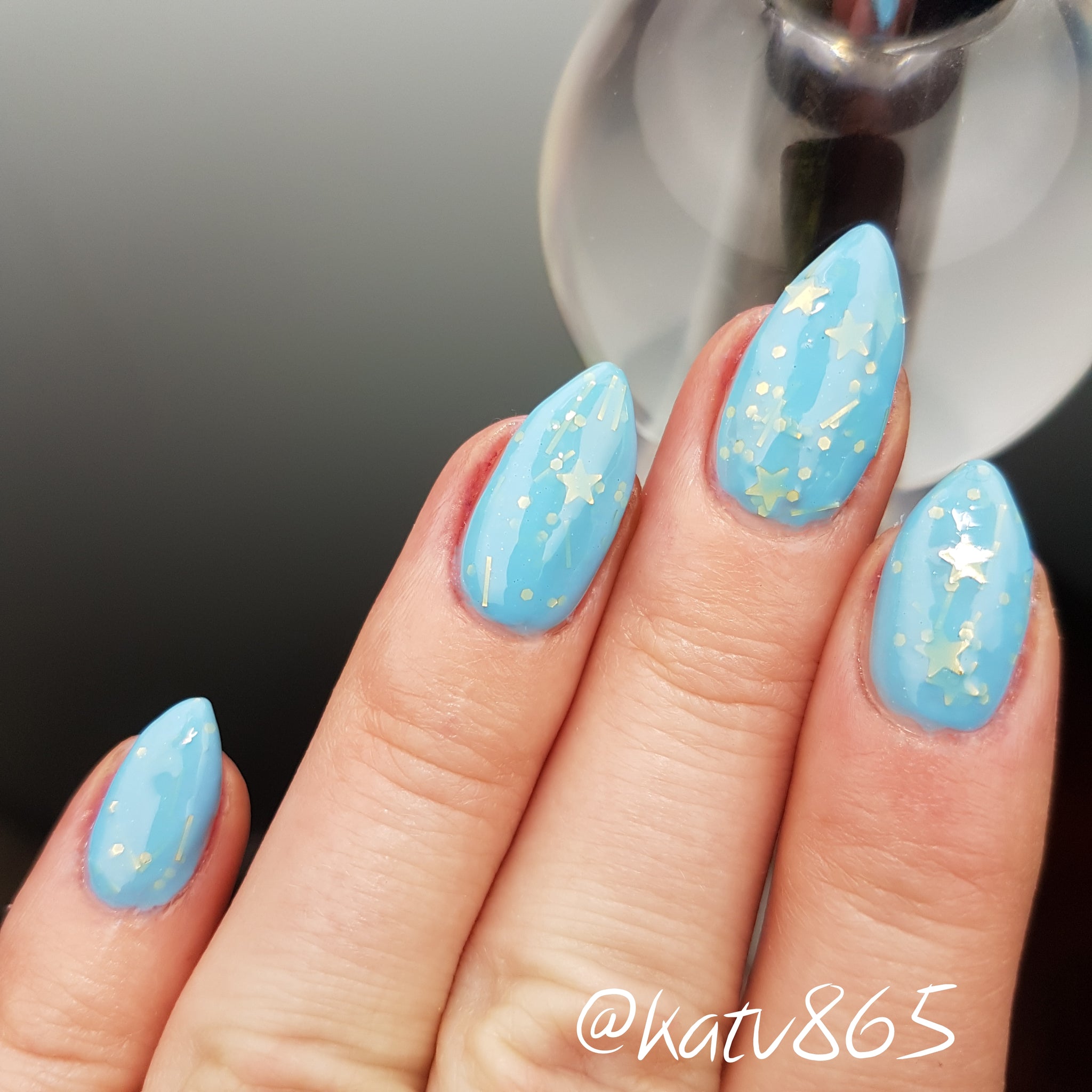 Crossed Wands Custom Handcrafted Witchcraft And Wizardry Sky Blue Gold Holographic Star Glitter Nail Polish