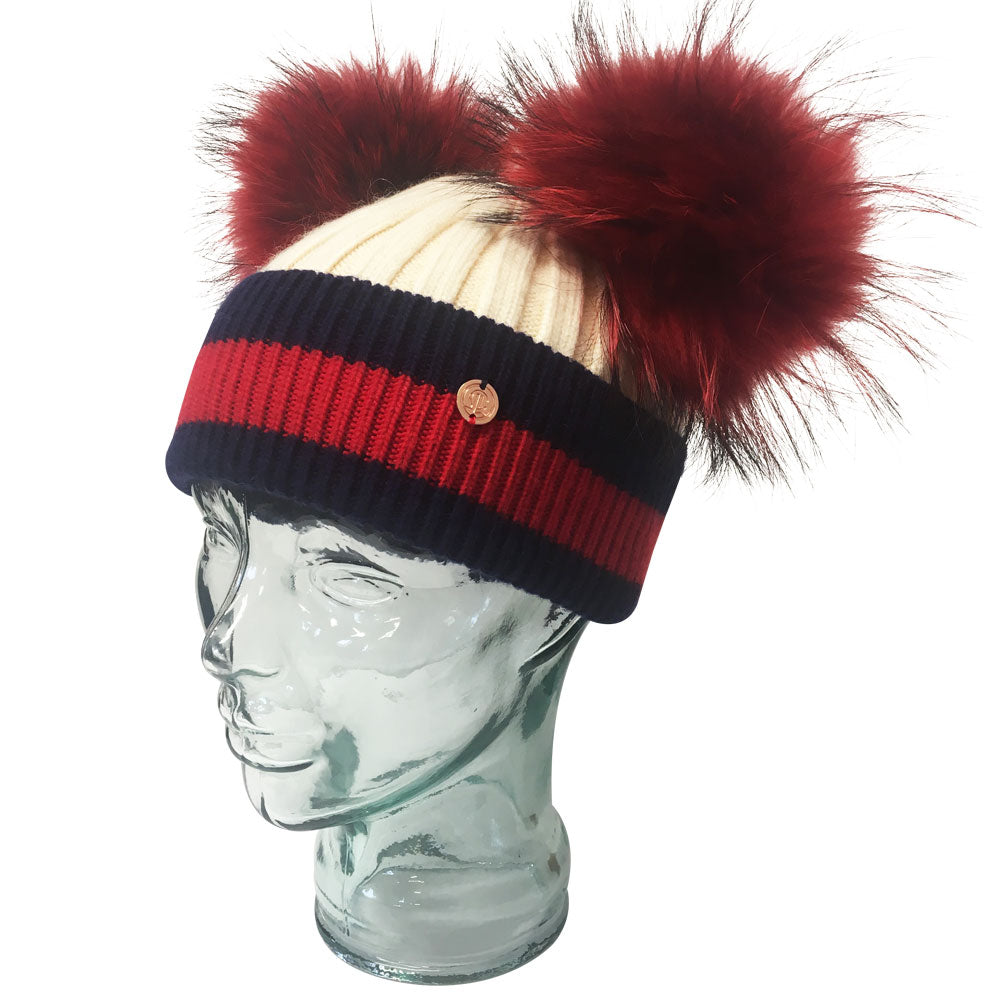 Stripes Cream Red Cashmere Double Pom Pom Beanie Hat Look Like Cool
