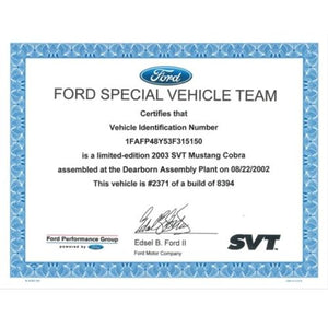 Ford Show Parts Svt Certificate