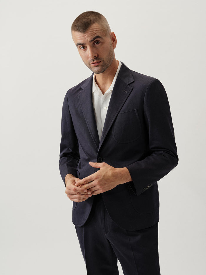 Model Wearing Navy Italian Twill Graduate Blazer - Front