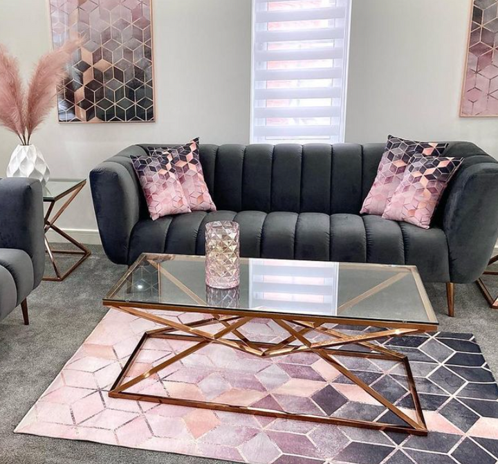 Fluted Soft Velvet Dark Grey Sofa With Rose Gold Legs Briq