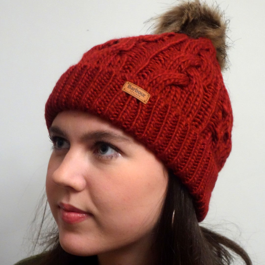 Barbour Beanie Hat Penshaw Cable Knit In Crimson Lha0386re72 Smyths Country Sports