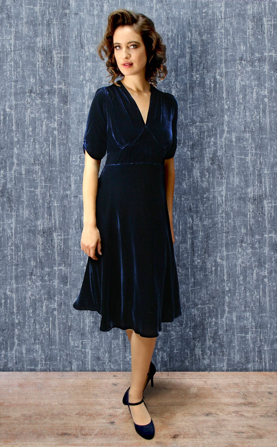 Midi Length Tea Dress In Midnight Blue Silk Velvet Nancy Mac