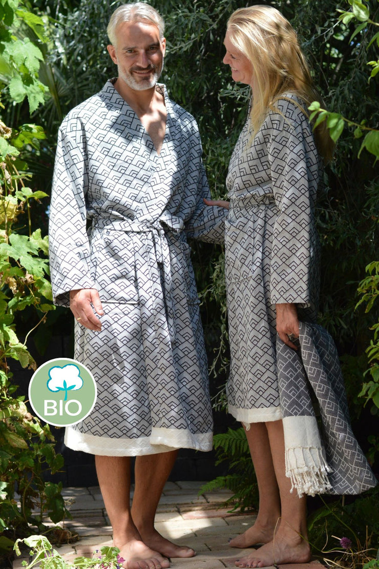Hammam Sauna Ladies Bathrobe Geo Kimono Organic Cotton Long Model Black Zusenzomer